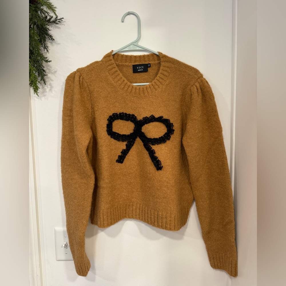 Vici Camel Sweater with Black Bow Accent